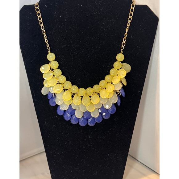 Jewelry - Yellow White Navy Beaded Bib Statement Necklace Gold Tone Tiered Fringe